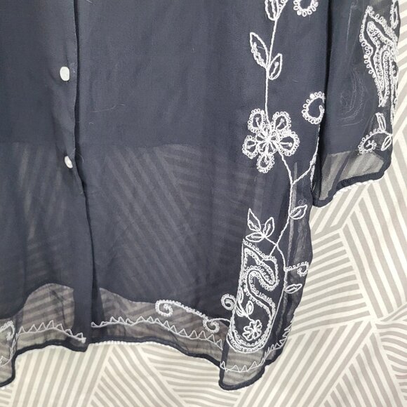 Anthony Tunic Top Plus 1X Lightweight Button Up Black Semi-sheer Embroidered - Picture 5 of 7